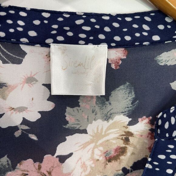 Womens Babydoll Top XL Floral V Neck Button Up Stretch Roll Tab Tunic Semi Sheer - Picture 6 of 12